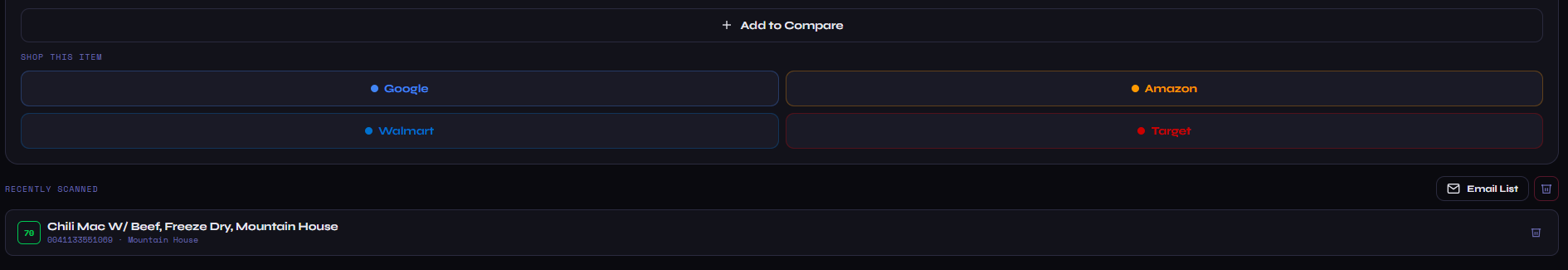 ScanShop shop links for Google, Amazon, Walmart, and Target plus recently scanned list.