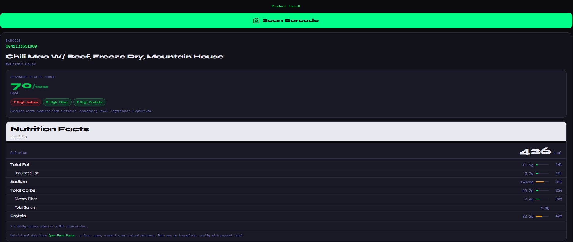 ScanShop showing Mountain House Chili Mac nutrition facts with health score 70/100.