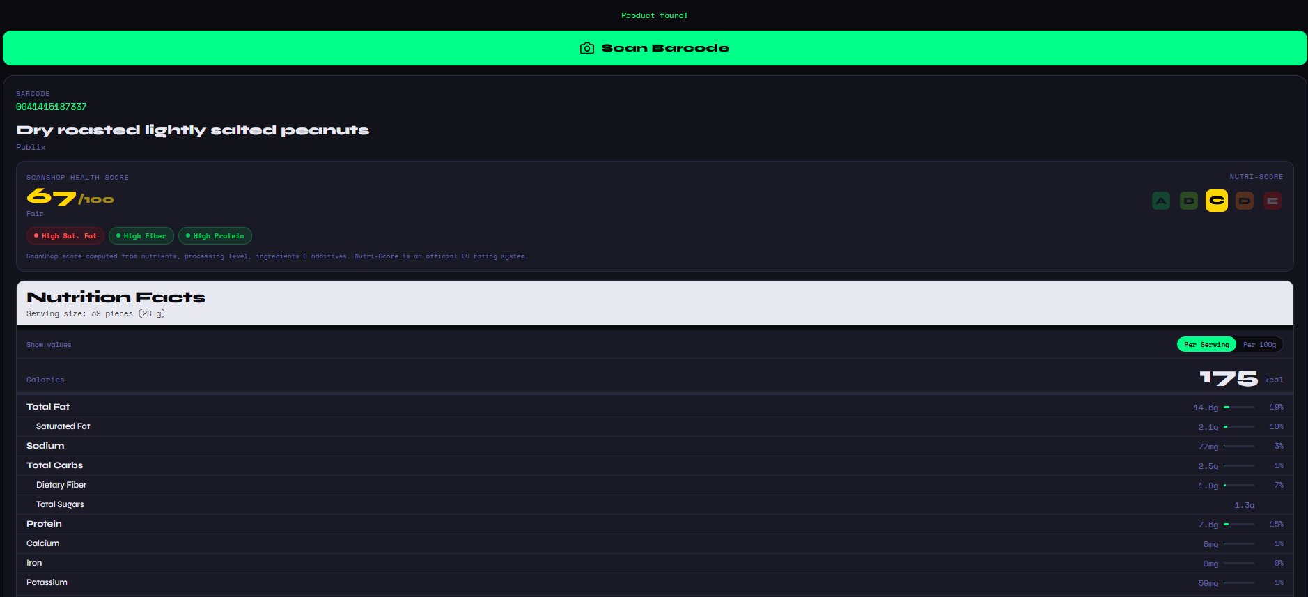 ScanShop nutrition view showing Per Serving and Per 100g toggle buttons with Publix peanuts data.